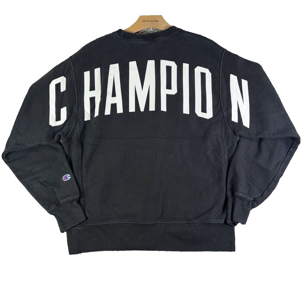 Champion Reverse Weave Sweatshirt Mens Medium Black Spellout Long Sleeve Train